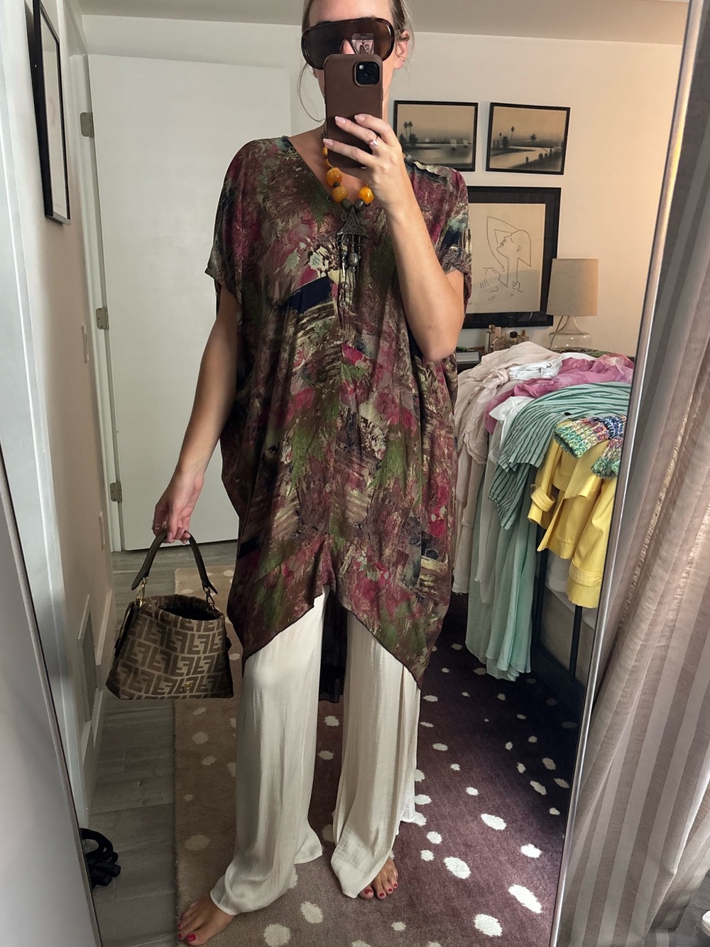 Vintage Multicolor Boho V-Neck Tunic Top - Olive & Burgundy